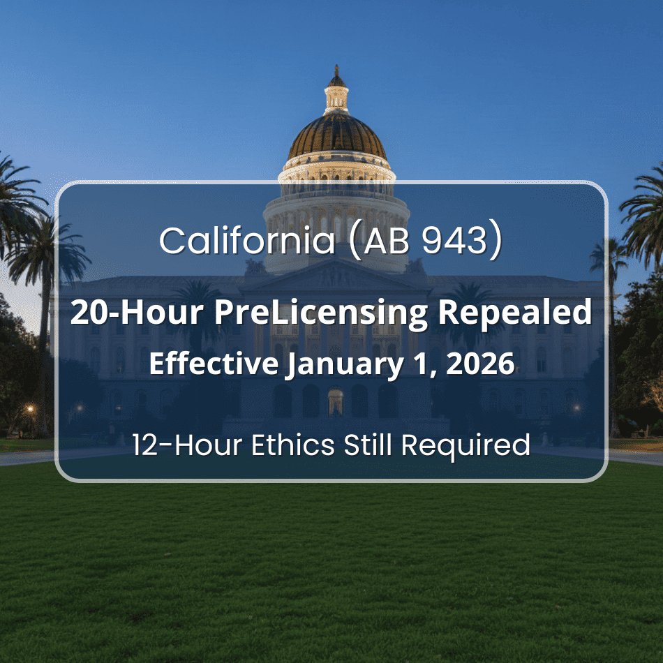California 20-hour pre-licensing repeal AB 943 infographic
